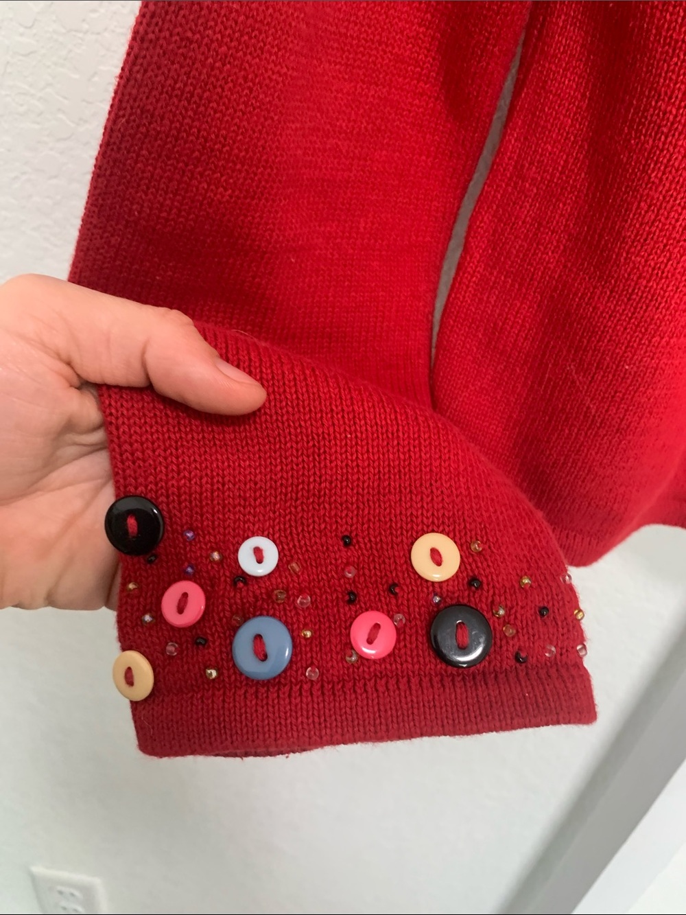 Vintage Susan Bristol Red Crewneck Grandma Sweater with Embroidered Button Tree - Picture 4 of 7